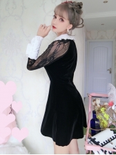 Chic Lace Patchwork Bow Black Long Sleeve Dresses