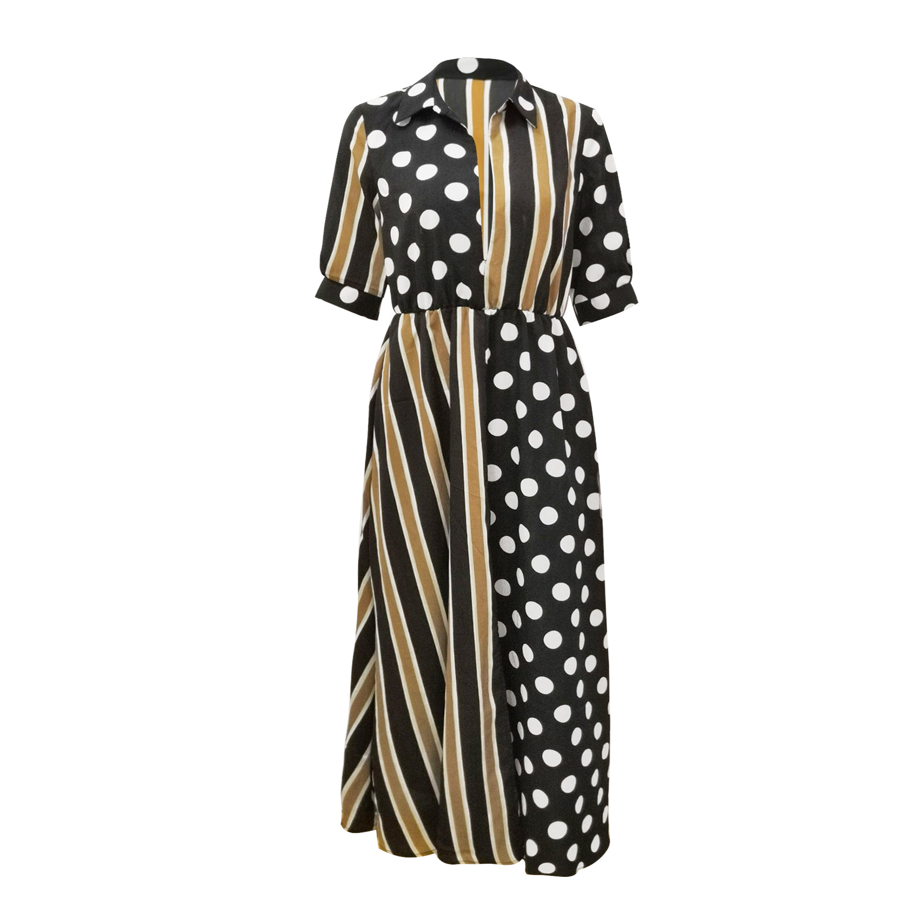 Wholesale Euro Striped Dots Patchwork Turndown Collar Female Dresses ...