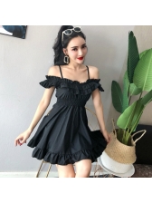 New Arrival Boat Neck Ruffles Fitted Solid Dress