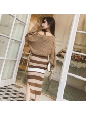 Fashion V Neck Loose Sweater With Striped Dress