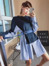 Chic Patchwork Striped Crew Neck Long Sleeve Dresses