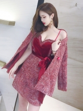 Hot Sale Velvet Straps Dress With Woolen Blazer