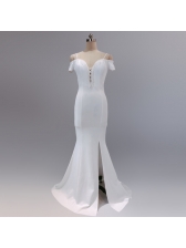 Boutique Solid Off Shoulder Slit Fitted Fishtail Dress