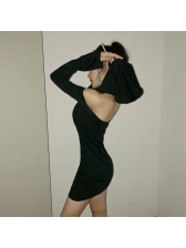 Korean Backless Hooded Collar Fitted Black Dress