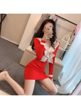 Korean Long Sleeve Colorblock Bow Fitted Dress