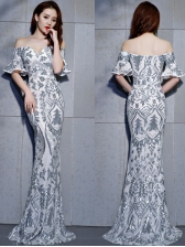Boat Neck Flare Sleeve Sequined Fitted Prom Dress
