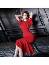 Fashion Crew Neck Fitted Fishtail Red Dress