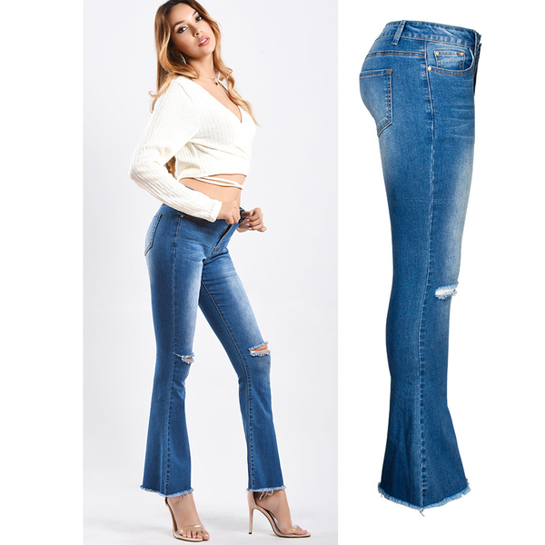 Wholesale New Arrival Holes Bootcut Jeans For Women XPG101626LB ...
