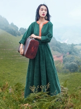 Vintage Contrast Color V Neck Corduroy Maxi Dresses