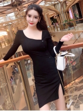 Single-breasted Long Sleeve Slit Bodycon Dresses