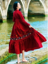 Vintage Embroidery Tie-wrap Red Maxi Dresses