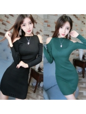 Hollow Out Knitted Long Sleeve Fitted Dresses