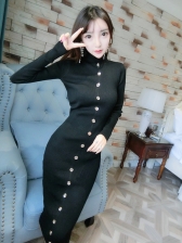 High Neck Buttons Knitted Fitted Dresses