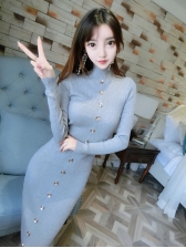 High Neck Buttons Knitted Fitted Dresses