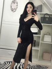 V Neck Split Black Glitter Sexy Dress