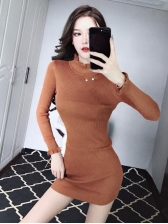 Stringy Selvedge Fitted Stand Collar Knitted Dress