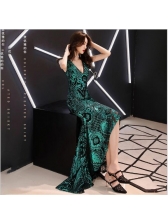 Boutique Sequined V Neck Fitted Floor Length Dresses