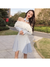 Chic Plaid Patchwork Ruffles Off The Shoulder Dress