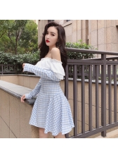 Chic Plaid Patchwork Ruffles Off The Shoulder Dress