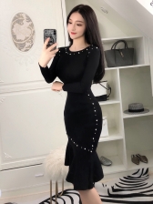 Attractive Knitted Beaded Fitted Black Fishtail Dress