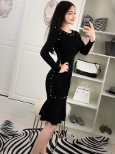 Attractive Knitted Beaded Fitted Black Fishtail Dress