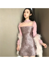 Patchwork Stand Collar Fish Scale Print Chic Dress