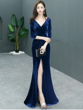 Ladies V Neck Velvet Split Floor Length Dress