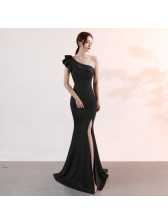 Ruffle Inclined Shoulder Split Fitted Elegant Evening Dresses