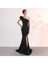 Ruffle Inclined Shoulder Split Fitted Elegant Evening Dresses
