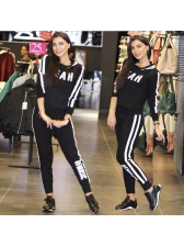 Hooded Collar Letter Sporty Black 2 Piece Sets