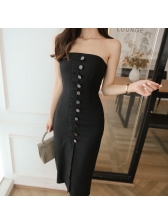 Fashionable Button Longline Black Strapless Dress