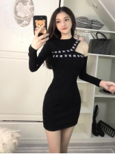 Fashion Printed Hollow Out Black Long Sleeve Dress