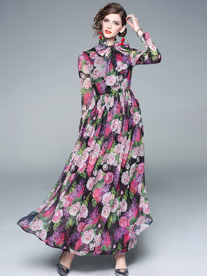 Wholesale Elegant Binding Bow Flower Print Pink Long Sleeve Maxi Dress ...