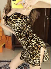 Seductive Fitted Strapless Slit Leopard Print Dress