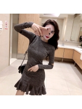 Hollow Out Crew Neck Fitted Ruffle Dress