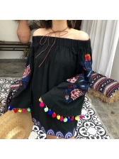 Boat Neck Embroidery Tassel Loose Blouse