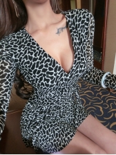 Leopard Print V Neck Tie-wrap Sexy Dress