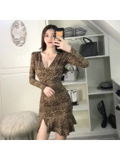 Sexy Ruffle V-neck Leopard Print Dress