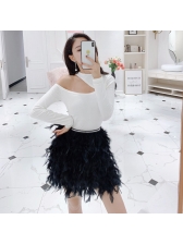 Chic Feather One Shoulder Two Piece Outfits