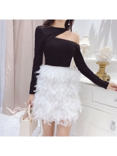 Chic Feather One Shoulder Two Piece Outfits