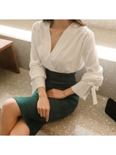 Korean Design Binding Bow White Wrap Blouse