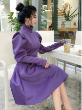 Simple Design Puff Sleeve High Neck Solid Dresses