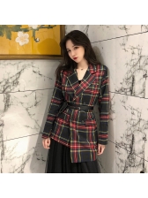 Check Irregular Lapel Double-Breasted Blouse