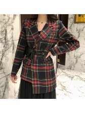 Check Irregular Lapel Double-Breasted Blouse