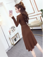 Ladies V Neck Buttons Knitted Dresses