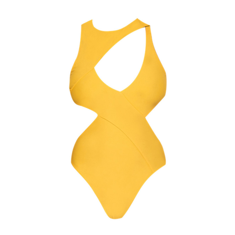 Wholesale Sexy Crew Neck Hollow Out Yellow One Piece Swimsuit Lpa022744yl