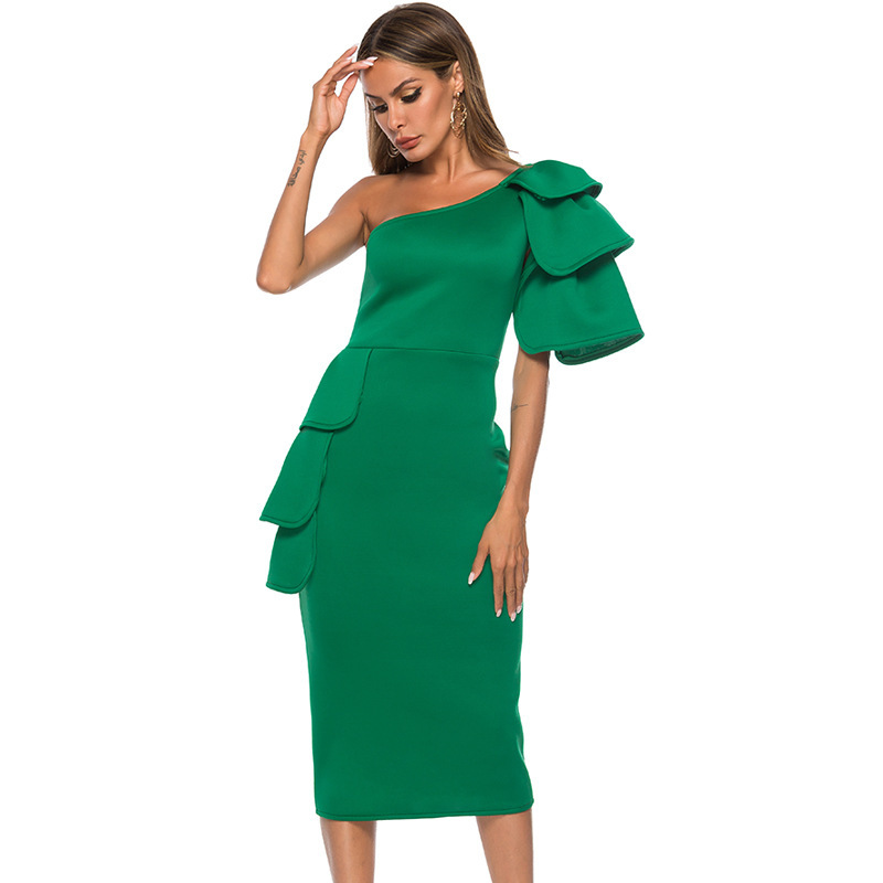 Wholesale One Shoulder Ruffled Sleeve Fitted Green Dress GHA031201GE ...