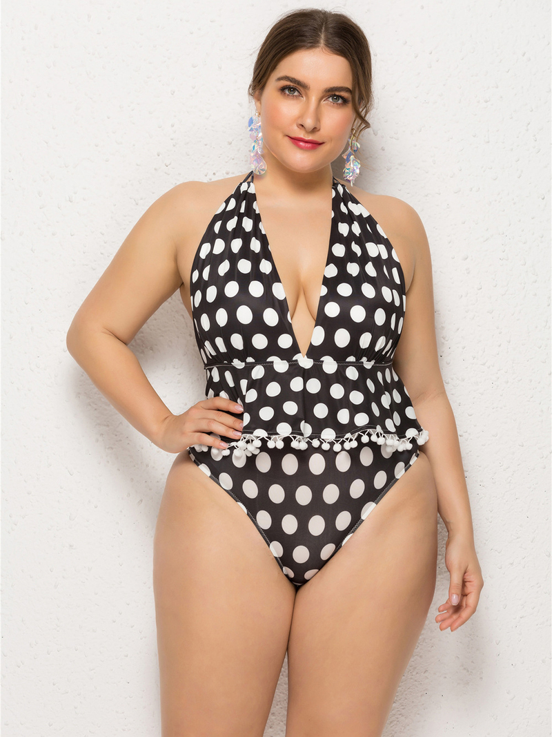 Wholesale Plus Size Deep V Neck Polka Dots Halter Swimsuit Lpa042421 
