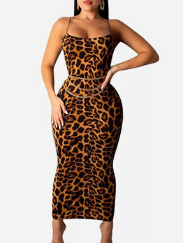 Leopard Printed Backless Spaghetti Strap Maxi Dresses