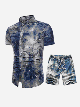 Casual Printed Short Sleeve Shirt With Shorts For Men